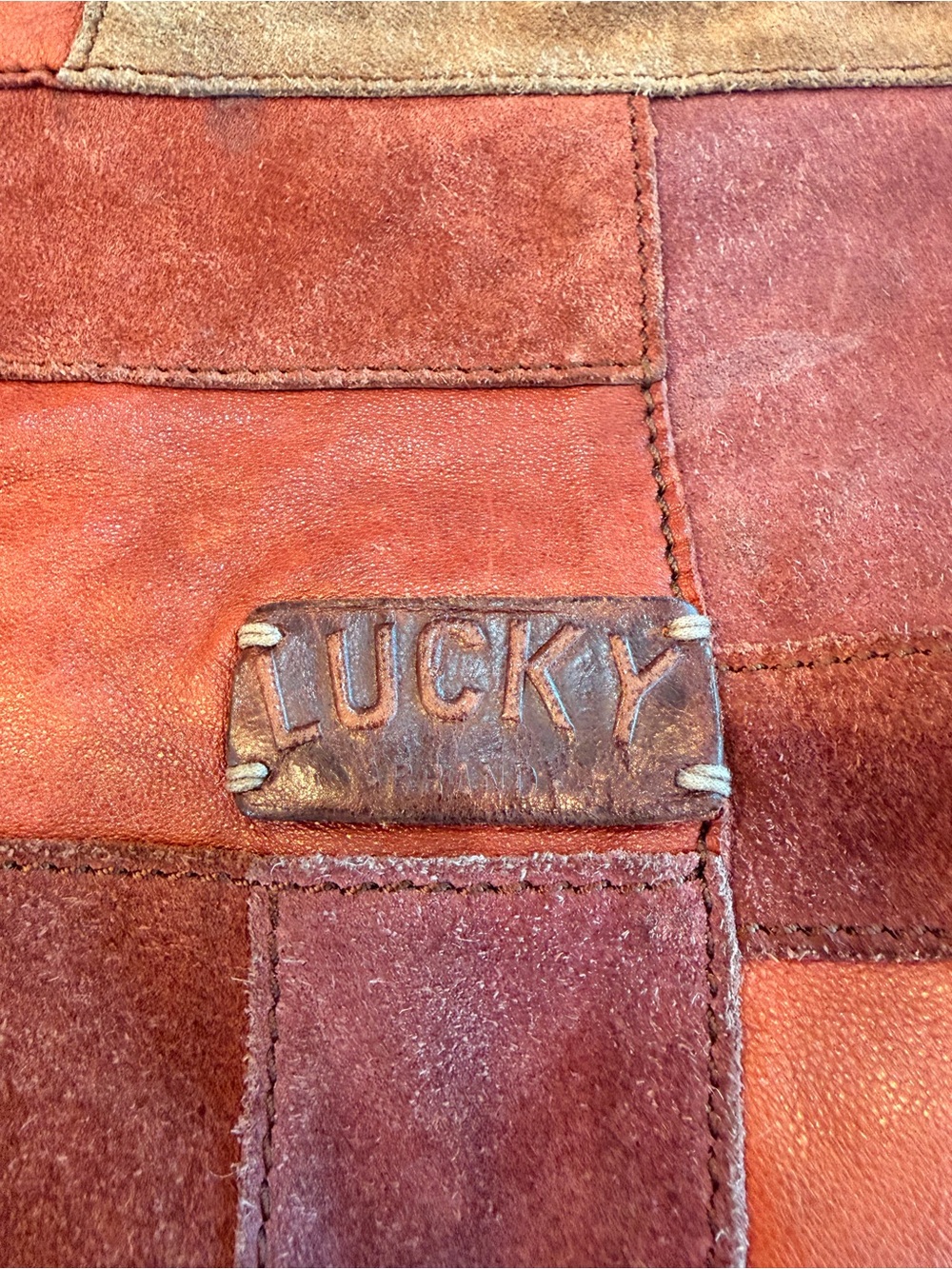 Vintage Lucky Brand Patchwork Suede & Leather Dual Handle Tote in Earth Shades - Picture 3 of 11